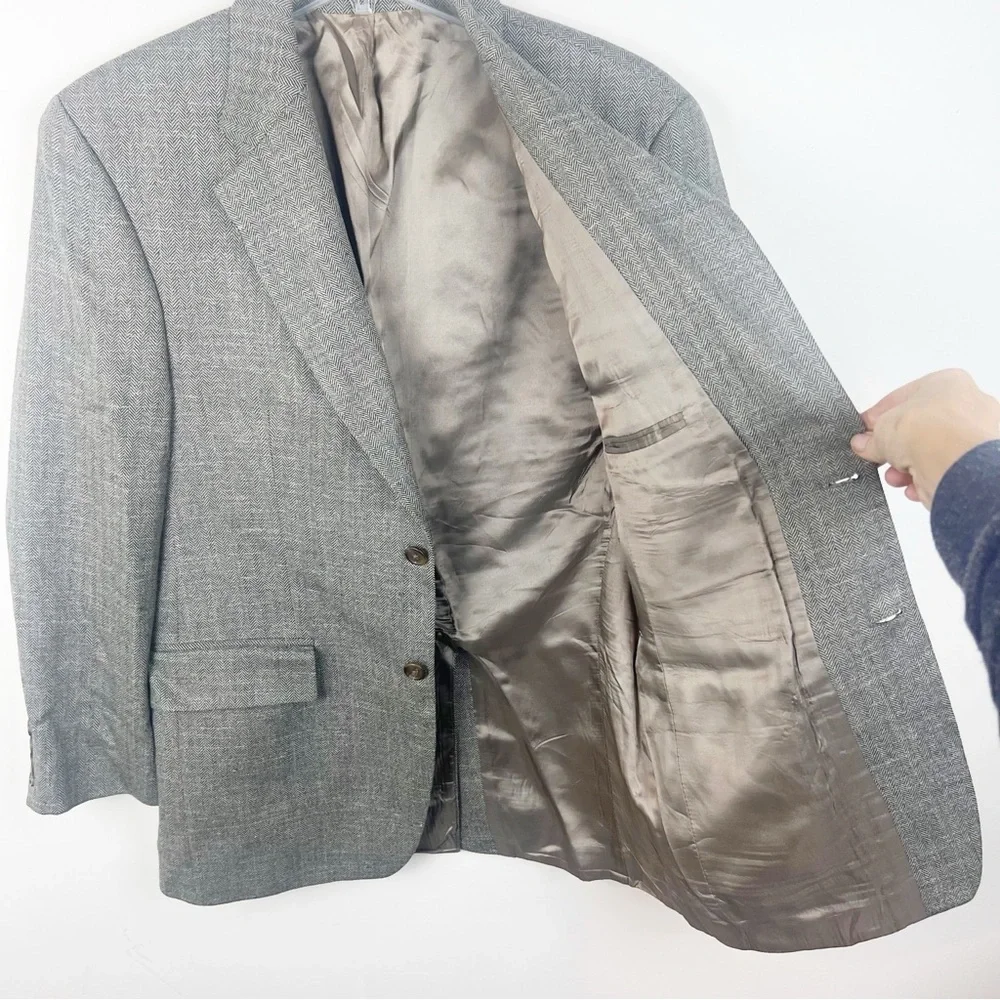 Ralph Lauren Chaps Silk Linen Wool Herringbone Blazer 38 Short Mens Jacket Brown